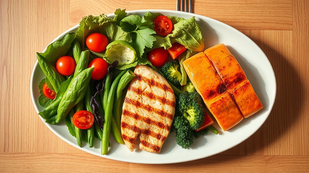 신선한 채소와 닭가슴살, 연어 등 자연 식품으로 구성된 균형 잡힌 건강한 식단이 차려진 테이블 모습