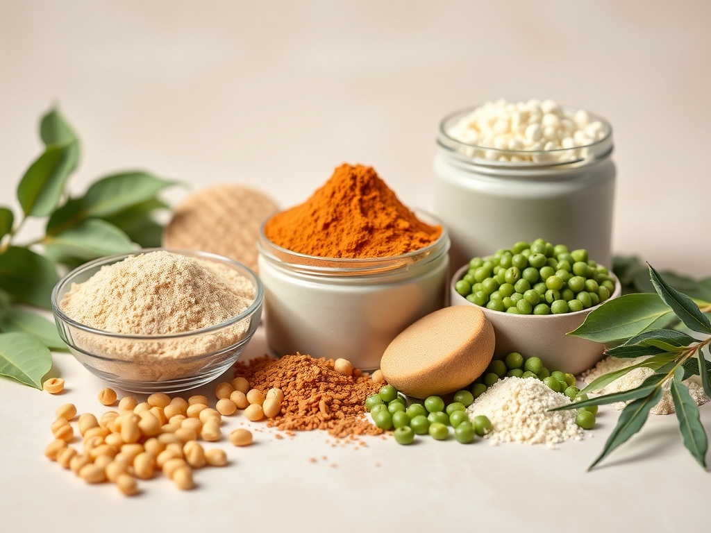 다양한 종류의 식물성 단백질 분말과 원재료인 콩들이 정갈하게 놓여 있는 모습