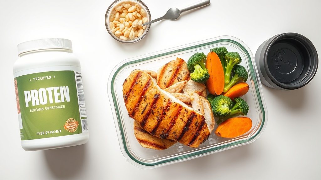 닭가슴살, 고구마, 브로콜리로 구성된 균형 잡힌 식단 도시락과 단백질 보충제 통이 나란히 놓인 모습