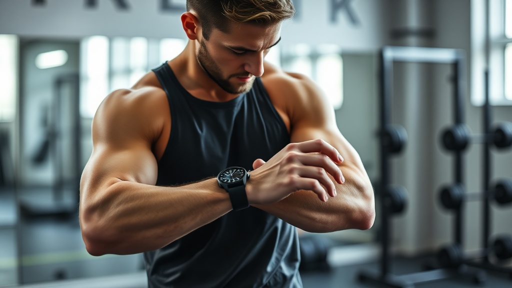 운동을 마친 후 손목시계를 확인하며 단백질 쉐이크를 마실 타이밍을 고민하는 남성의 모습