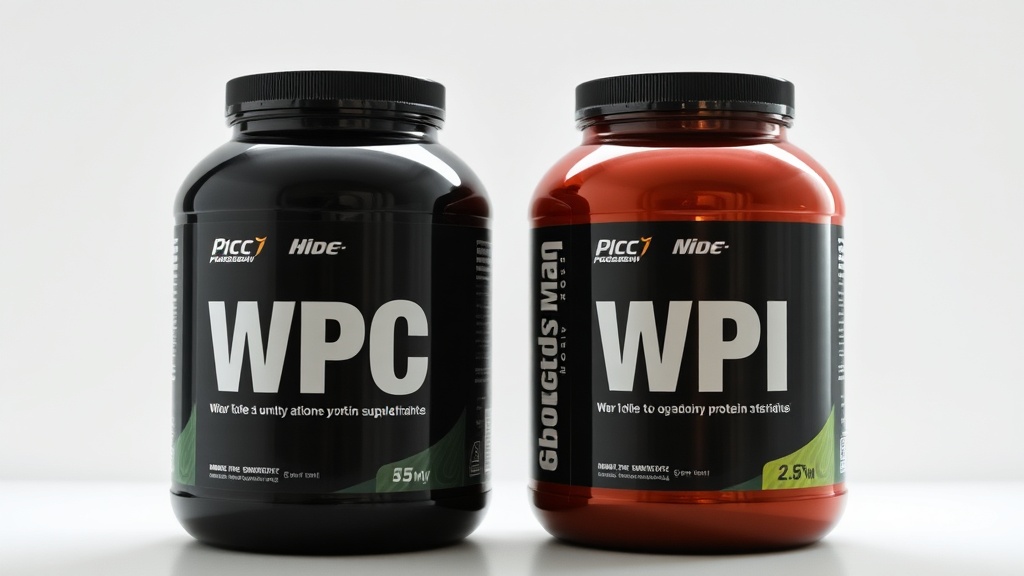 두 종류의 단백질 보충제 통이 나란히 놓여 있는 모습으로 WPC와 WPI의 차이를 시각적으로 암시함